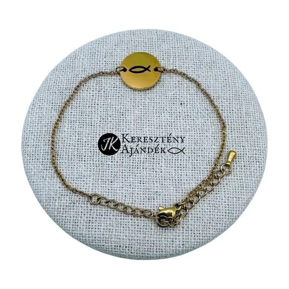 Ichthys ( Halas ) - gravírozott, keresztény feliratos, nemesacél, medálos női karkötő, állítható ARANY színű - ( min. 16 cm - max. 21 cm )