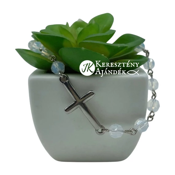 Keresztes, nemesacél, swarovski gyöngyös, karkötő, állítható méret ( tejfehér kristály)