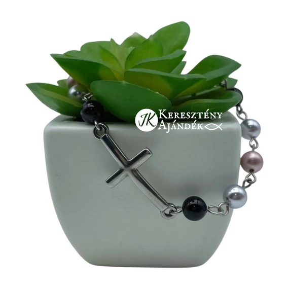 Keresztes, nemesacél, swarovski gyöngyös, karkötő, állítható méret (fekete, levendula, rózsaszín)