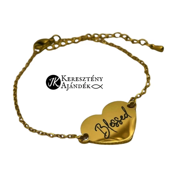 Blessed - gravírozott, keresztény feliratos, nemesacél, medálos női karkötő, állítható ARANY színű - ( min. 16 cm - max. 21 cm ) szív alakú