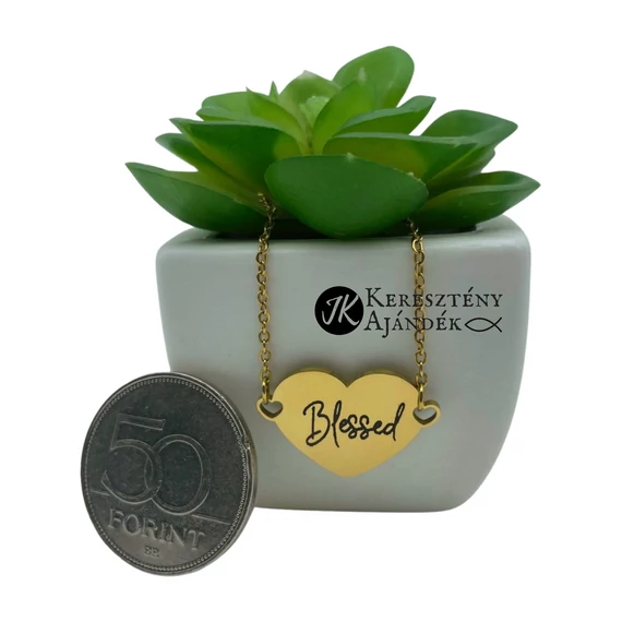 Blessed - gravírozott, keresztény feliratos, nemesacél, medálos női karkötő, állítható ARANY színű - ( min. 16 cm - max. 21 cm ) szív alakú