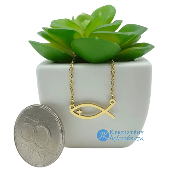 Ichthys ( halas ) kereszttel - keresztény szimbólumos, medálos, nemesacél nyaklánc ( 47 cm ) ARANY színű