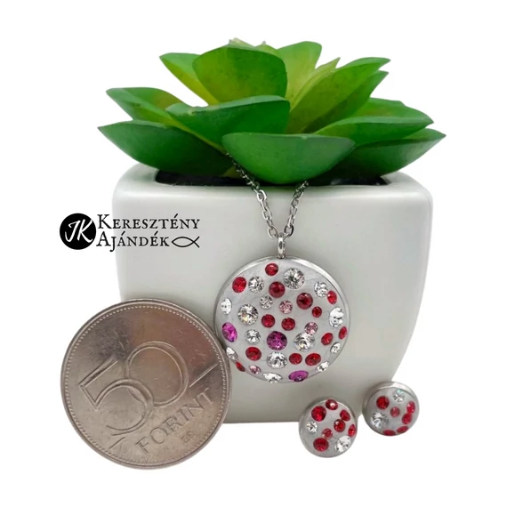 Piros - rózsaszín, swarovski kristályos,medálos fülbevalós szett nemesacél