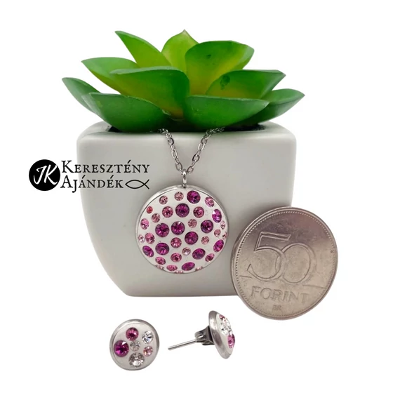 Fehér, swarovski kristályos (lila, rózsaszín,fehér), medálos fülbevalós szett ( nemesacél ) 20 mm