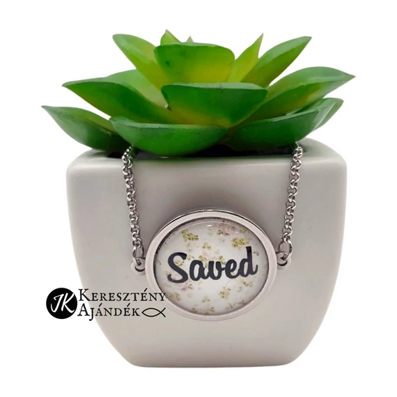 Saved - igés, keresztény feliratos, üveglencsés nemesacél szett, nyaklánc és karkötő