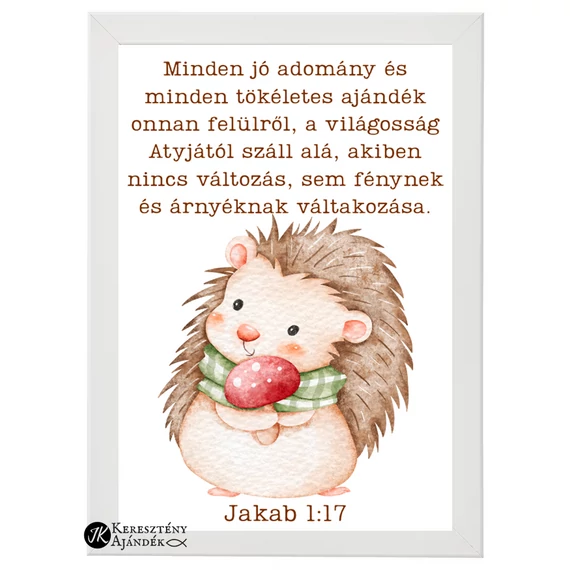 Minden jó adomány és minden tökéletes ajándék onnan felülről, a világosság Atyjától száll alá... Jakab 1,17 - igés, keresztény feliratos falikép, FEHÉR keretben, A/4 méret