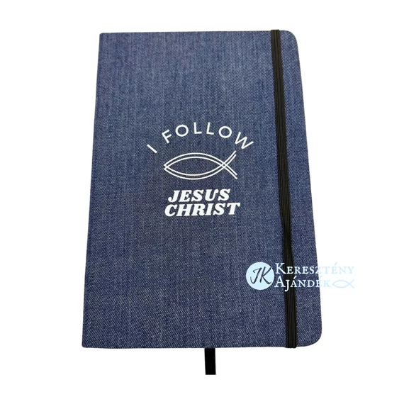 I follow Jesus Christ - igés, keresztény feliratos, farmer bevonatú jegyzetfüzet igével - kb. A5 - ös méretű, vonalas lapokkal