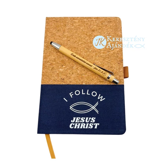 I follow Jesus Christ - igés, keresztény feliratos, parafa és pamut jegyzetfüzet igével - kb. A5 - ös méretű, vonalas lapokkal és ajándék golyóstollal ( KÉK )