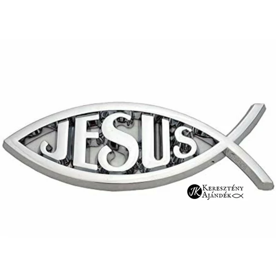 Autó embléma Ichthys ( hal ) JESUS ezüst színű, autó matrica, 3D forma
