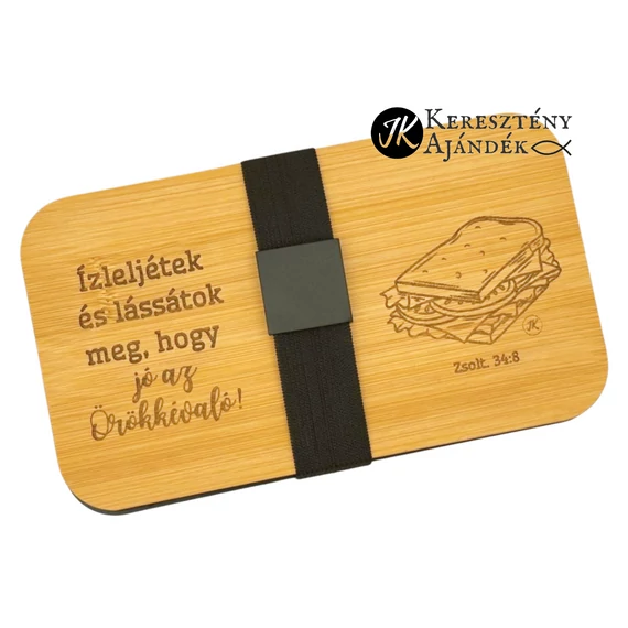 Ízleljétek és lássátok meg, hogy jó az Örökkévaló! - igés, keresztény feliratos, gravírozott, kétszintes, fedeles EBÉDES / UZSONNÁS doboz, bento doboz, gumipánttal és ajándék EVŐESZKÖZÖKKEL - FEKETE + videós bemutató