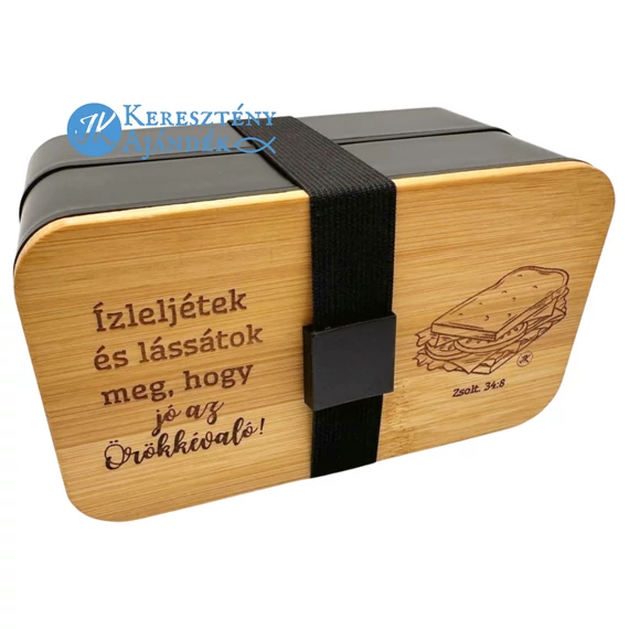 Ízleljétek és lássátok meg, hogy jó az Örökkévaló! - igés, keresztény feliratos, gravírozott, kétszintes, fedeles EBÉDES / UZSONNÁS doboz, bento doboz, gumipánttal és ajándék EVŐESZKÖZÖKKEL - FEKETE + videós bemutató