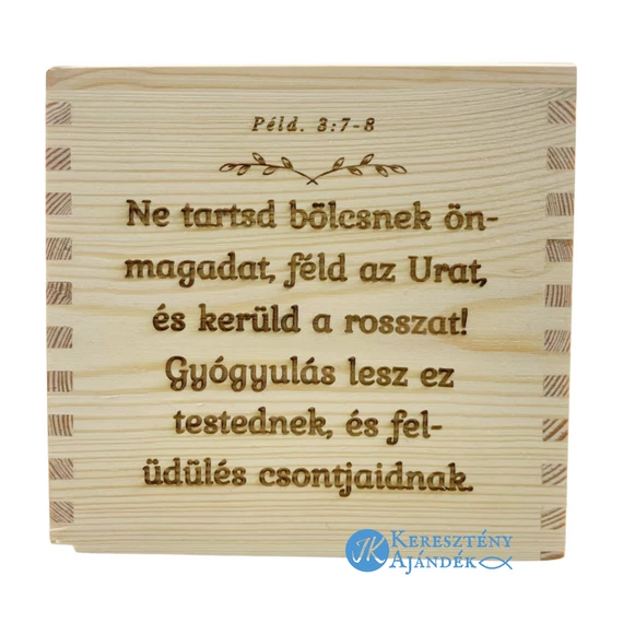 Lépes méz a kedves beszéd: édes a léleknek és gyógyulás a testnek - keresztény feliratos, gravírozott, borovifenyő asztali zsepitartó / zsebkendőtartó ( 13*14*14cm )