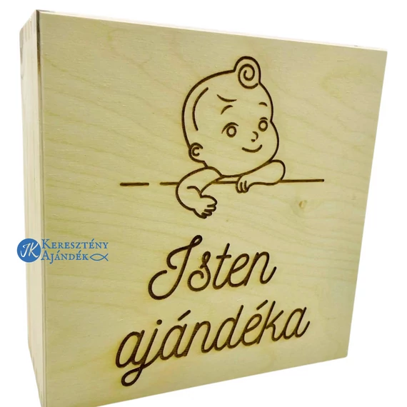Isten ajándéka - igés, keresztény feliratos, gravírozott fenyő doboz ( 17 x 17 cm )