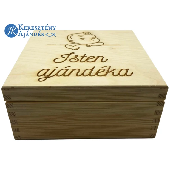 Isten ajándéka - igés, keresztény feliratos, gravírozott fenyő doboz ( 17 x 17 cm )