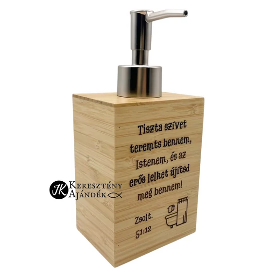 Tiszta szívet teremts bennem, Istenem - igés, keresztény feliratos, gravírozott, fürdőszobai, bambusz folyékonyszappan adagoló ( 350 ml ) + videós bemutató