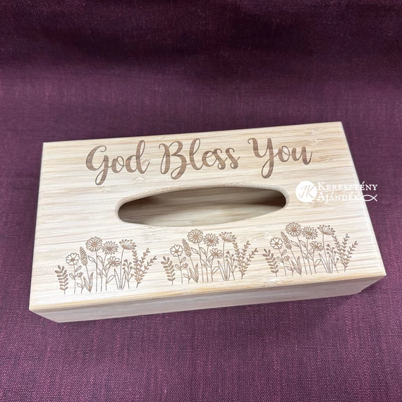 God bless you - keresztény feliratos, gravírozott, bambusz, asztali zsepitartó / zsebkendőtartó ( 26*14cm ) Ajándék Zewa zsepivel :)