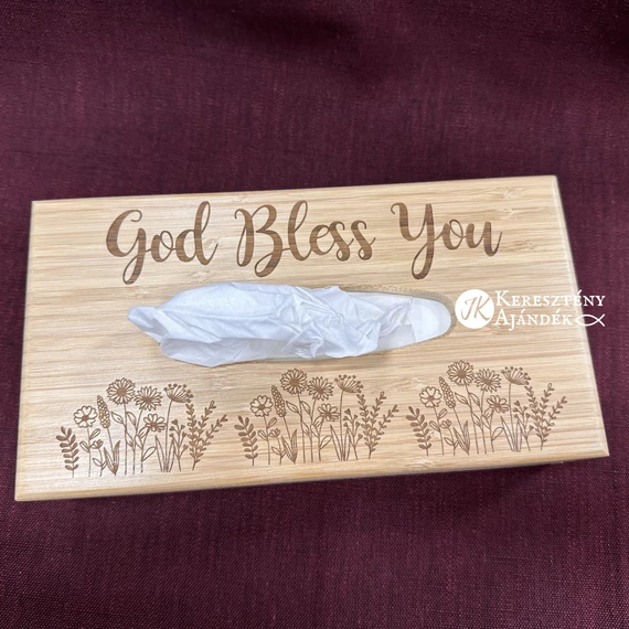 God bless you - keresztény feliratos, gravírozott, bambusz, asztali zsepitartó / zsebkendőtartó ( 26*14cm ) Ajándék Zewa zsepivel :)