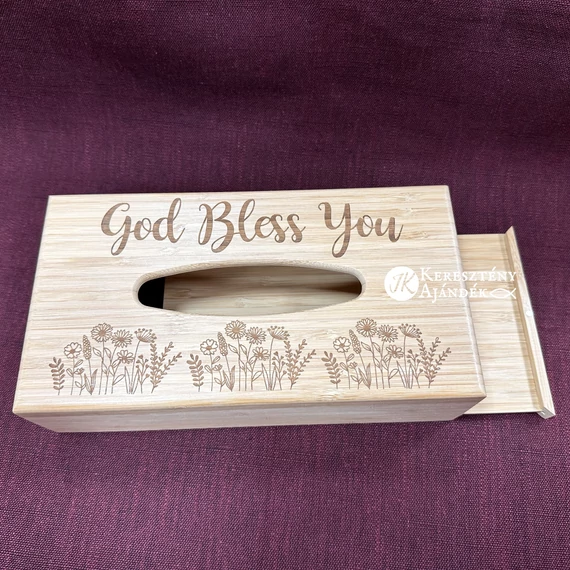 God bless you - keresztény feliratos, gravírozott, bambusz, asztali zsepitartó / zsebkendőtartó ( 26*14cm ) Ajándék Zewa zsepivel :)