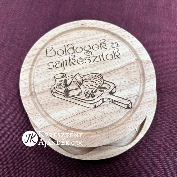 Boldogok a sajtkészítők - gravírozott sajtszeletelő készlet ( vágódeszka és benne az eszközök ) + videós bemutató