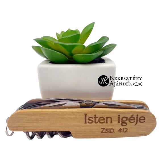 Isten igéje Zsid.4:12 - igés, keresztény feliratos, 9 funkciós, gravírozott, bambusz  bicska, zsebkés, kulcstartóra is akasztható