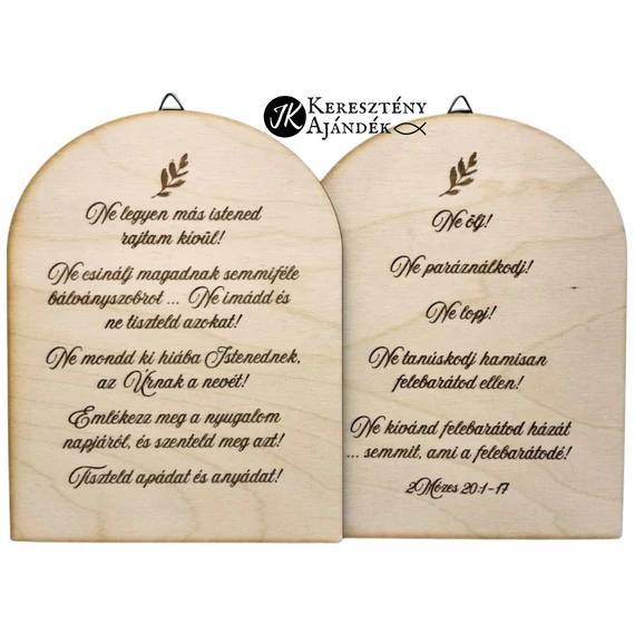 Tízparancsolat/ 10 parancsolat / - gravírozott, igés, keresztény feliratos, NATÚR fatábla, falikép, 14*18 cm-es, akasztóval ( 2 db tábla )