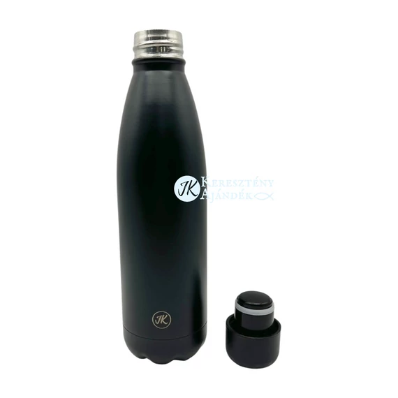 HŐTARTÓS - Maradjatok éberek és szilárdan álljatok meg a hitben! - gravírozott, igés, keresztény feliratos, fém, duplafalú palack 500 ml FEKETE