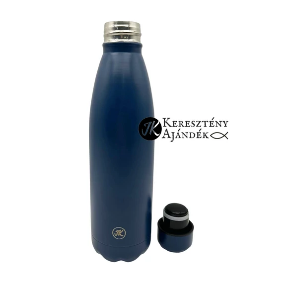 HŐTARTÓS - Maradjatok éberek és szilárdan álljatok meg a hitben! - gravírozott, igés, keresztény feliratos, fém, duplafalú palack 500 ml KÉK 