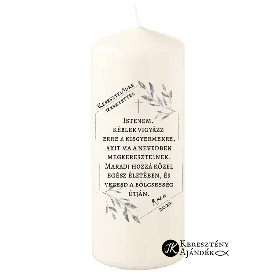 Keresztelődre szeretettel ( illatmentes ) igés, keresztény feliratos, fehér tömbgyertya ajándékba, emlékül 14cm - es