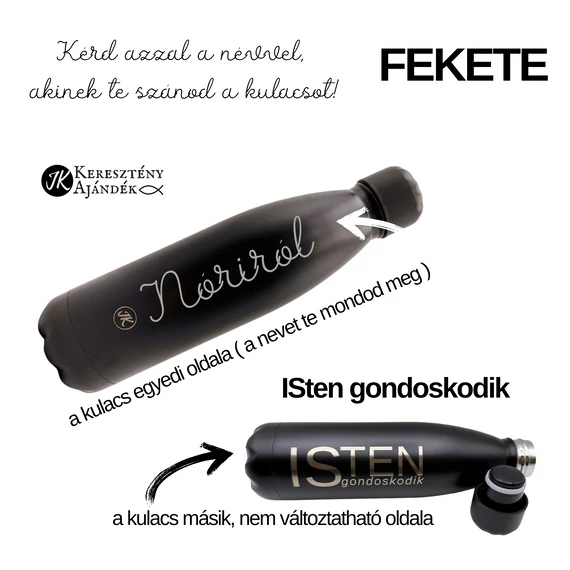 HŐTARTÓS - NÉVVEL ELLÁTOTT KULACS RENDELÉSRE! ISten gondoskodik + NÉV - gravírozott, igés, keresztény feliratos, fém, duplafalú palack 500 ml FEKETE/KÉK/ZÖLD