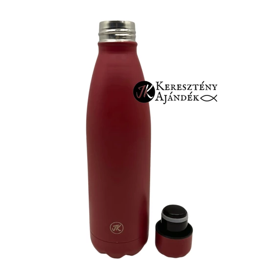 HŐTARTÓS - ISten gondoskodik - gravírozott, igés, keresztény feliratos, fém, duplafalú palack 500 ml PIROS + videós bemutató