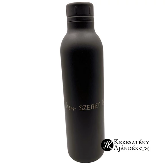 Jézus szeret engem Jézus szeret  téged - gravírozott, keresztény feliratos, fém, duplafalú vákuumos sportpalack, termosz, 510 ml FEKETE 