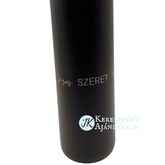 Jézus szeret engem Jézus szeret  téged - gravírozott, keresztény feliratos, fém, duplafalú vákuumos sportpalack, termosz, 510 ml FEKETE 