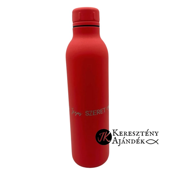 Jézus szeret engem Jézus szeret  téged - gravírozott, keresztény feliratos, fém, duplafalú vákuumos sportpalack, 510 ml PIROS 
