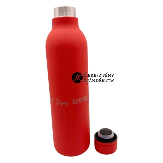 Jézus szeret engem Jézus szeret  téged - gravírozott, keresztény feliratos, fém, duplafalú vákuumos sportpalack, 510 ml PIROS 