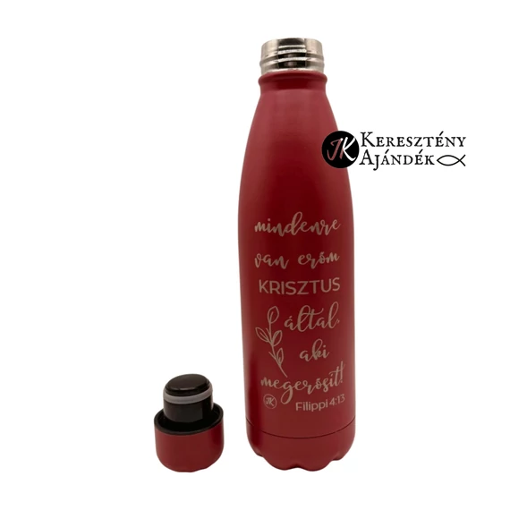 HŐTARTÓS - Mindenre van erőm Krisztus által - gravírozott, igés, keresztény feliratos, fém, duplafalú palack 500 ml PIROS