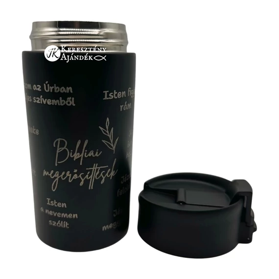 HŐTARTÓS - Bibliai megerősítések - 330 ml - es, gravírozott, igés, keresztény feliratos, duplafalú réz vákuumszigetelt termoszpohár, FEKETE + videós bemutató másik színnel