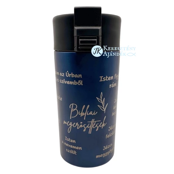 HŐTARTÓS - Bibliai megerősítések - 330 ml - es, gravírozott, igés, keresztény feliratos, duplafalú réz vákuumszigetelt termoszpohár, KÉK + videós bemutató