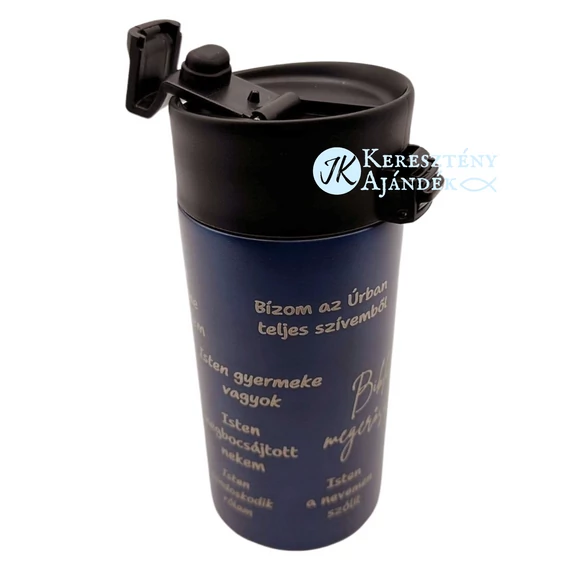 HŐTARTÓS - Bibliai megerősítések - 330 ml - es, gravírozott, igés, keresztény feliratos, duplafalú réz vákuumszigetelt termoszpohár, KÉK + videós bemutató
