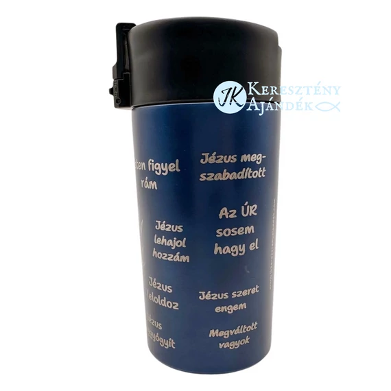 HŐTARTÓS - Bibliai megerősítések - 330 ml - es, gravírozott, igés, keresztény feliratos, duplafalú réz vákuumszigetelt termoszpohár, KÉK + videós bemutató