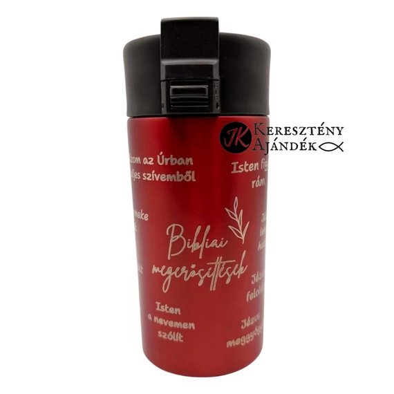 Bibliai megerősítések - 330 ml - es, gravírozott, igés, keresztény feliratos, duplafalú réz vákuumszigetelt termoszpohár, PIROS + videós bemutató