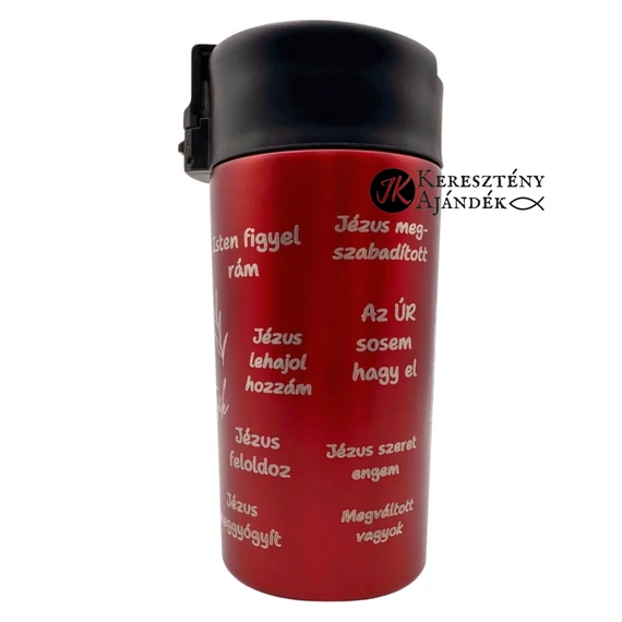 Bibliai megerősítések - 330 ml - es, gravírozott, igés, keresztény feliratos, duplafalú réz vákuumszigetelt termoszpohár, PIROS