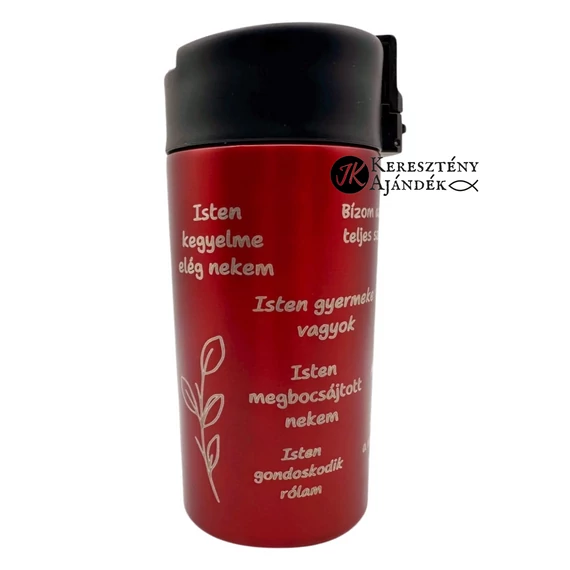 Bibliai megerősítések - 330 ml - es, gravírozott, igés, keresztény feliratos, duplafalú réz vákuumszigetelt termoszpohár, PIROS + videós bemutató