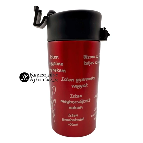 Bibliai megerősítések - 330 ml - es, gravírozott, igés, keresztény feliratos, duplafalú réz vákuumszigetelt termoszpohár, PIROS + videós bemutató