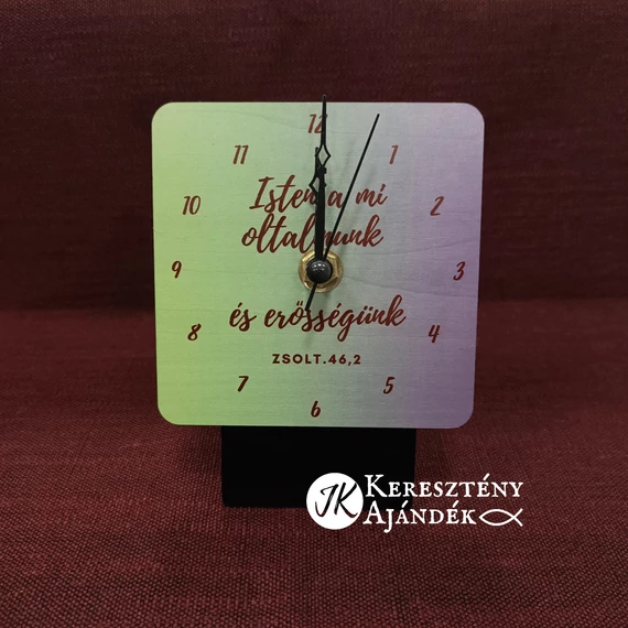 Isten a mi oltalmunk - szublimációs technikával készített, álló óra, asztali óra - 10x10 cm KÉK - ZÖLD - ( karton dobozban )