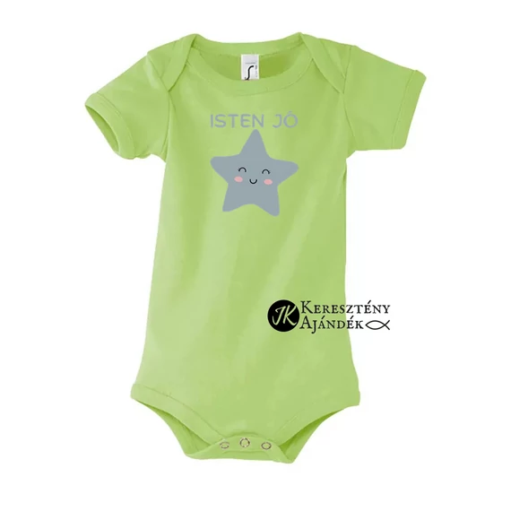 Isten jó! - keresztény feliratos body, rövid ujjú, unisex fazon, alma ZÖLD színben 3 - 6 hónapos méret 