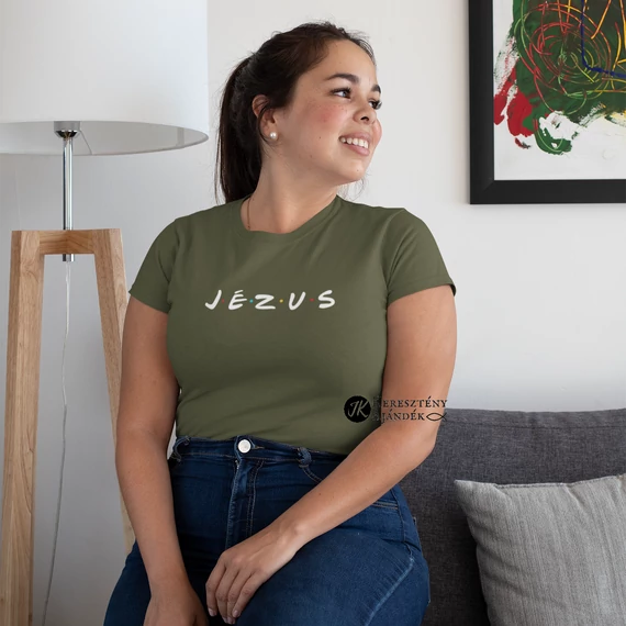Jézus - igés, keresztény feliratos, kereknyakú női póló á la Friends aka Jóbarátok (khaki)  XS - 2XL (2XL)