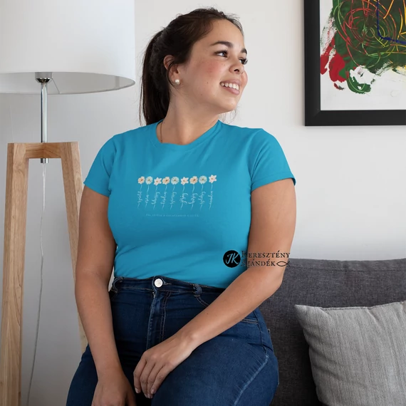 A Lélek gyümölcse (Gal. 5,22-23) - igés, keresztény feliratos, kereknyakú női póló ( kék színben ) XS - 2XL (2XL)
