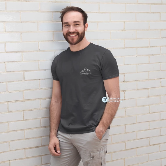 Mustármagnyi hit - igés, mintás, keresztény feliratos, kereknyakú férfi / unisex póló, GRAFITSZÜRKE színben,  S - 2XL méretben ( S ) KÉTOLDALAS MINTA