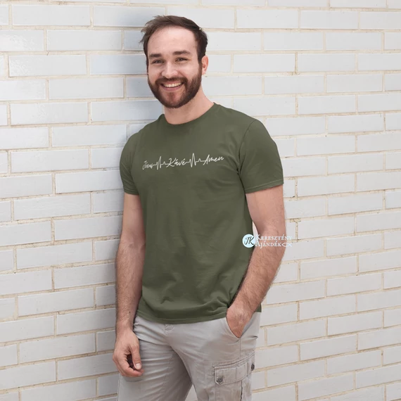 Jézus - Kávé - Amen - igés, mintás, keresztény feliratos, kereknyakú férfi / unisex póló, KHAKI S - 2XL méretben ( S )