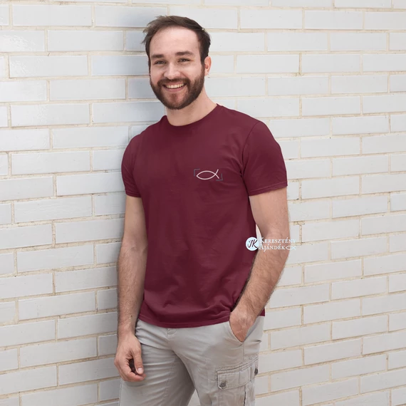 Ichthys / Keretes halas - igés, keresztény feliratos, kereknyakú férfi póló, burgundi BORDÓ színben S - 3XL  (S)